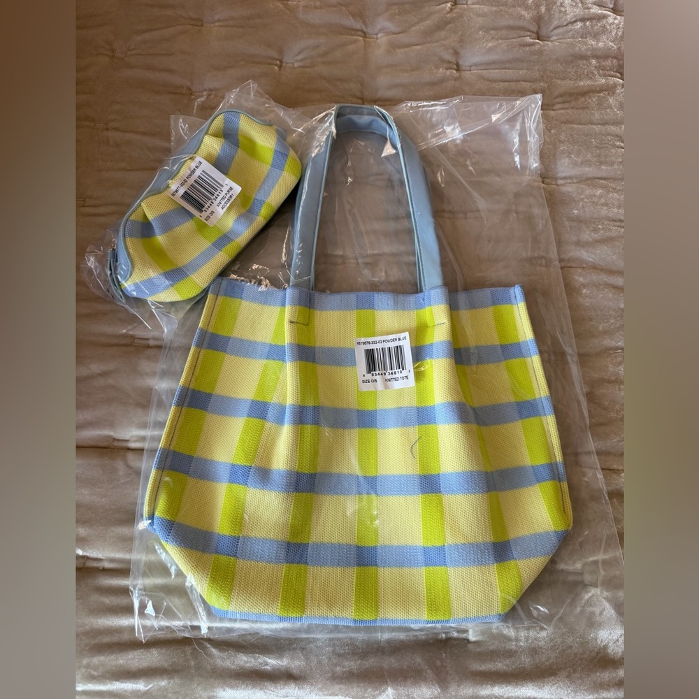 Stylish Plaid Tote Bag Set - 
Color powder Blue
